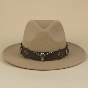Khaki western felt fedora hat with brown leather band and silver bull head ornament