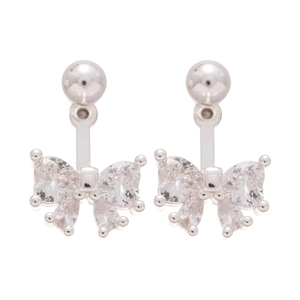 Silver bow stud earrings with sparkling cubic zirconia on a clean white background