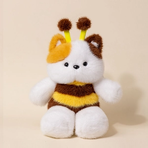 Cute white cat plush toy in yellow bee costume with stripes and soft fur texture