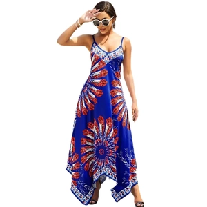 Women's V-neck slip dress with bohemian feather print and asymmetric handkerchief hemline