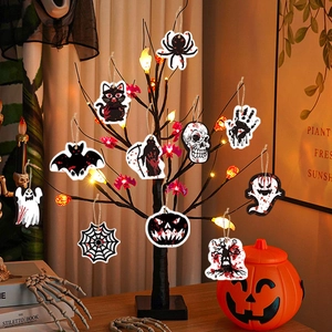 Halloween Baum Hängeornamente Set, gruselige Fledermaus Geist Schädel Holzschilder Party.