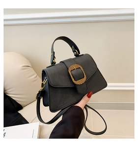 Close-up of a black matte leather handbag with a textured square gold buckle and handle