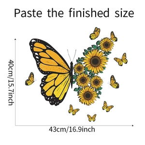 Detail showing butterfly and sunflower wall sticker dimensions as 40cm by 43cm