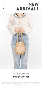 Detailed view of woven cotton bucket bag with a white canvas drawstring inner pouch