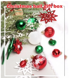 Detail of Christmas ball gift box with red, green and white ornaments on white faux fur