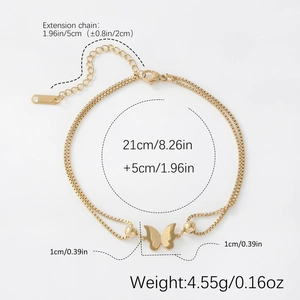 Detailed dimensions of gold double-layer butterfly anklet with 18k gold plating