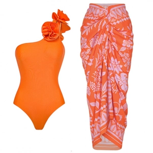 Women Single Shoulder Nylon Swimsuit And Tropical Floral Print Sarong 3D Flower Cut Out Shiny Orange