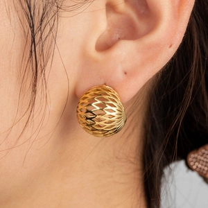 Golden woven hollow ball stud earrings in stainless steel mesh design for women