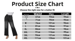 Tableau des tailles détaillé pour jeans évasés vintage du XS au 4XL avec mesures