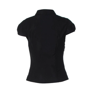 Flat lay back view of black short sleeve buttoned polo shirt with collar for women