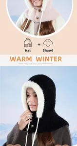 Winter plush balaclava hat with integrated neck warmer and vintage button closure