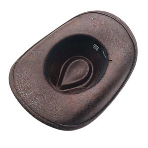 Detail view of brown western cowboy hat showing faux snakeskin texture and wash label