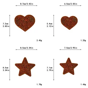 Size guide for heart and star sequin patches with dimensions in cm and inches