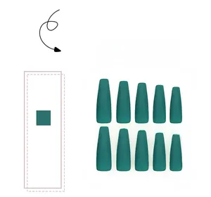 Extra long coffin-shaped matte dark green press-on nails set of ten pieces on white background