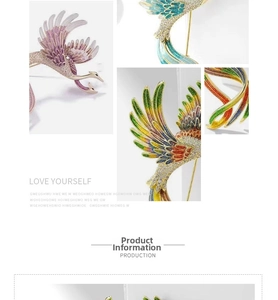 Detailed close-up of colorful enamel phoenix brooch with micro-pave crystals and gradient wings