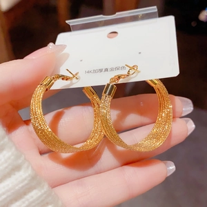 Chic 14K gold plated geometric hoop earrings with delicate metal mesh texture