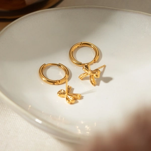 Minimalist 18k gold plated stainless steel hoop earrings and bow knot studs set