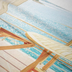 Detailed close-up showing high-density fiber texture and beach landscape print on tapestry