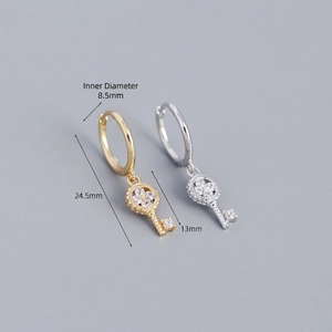 Gold and silver S925 silver four-leaf clover key charm hoop earrings with crystal pavé