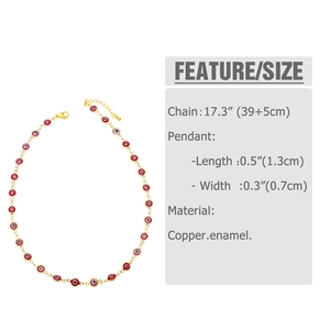 Detailed size chart for red evil eye necklace with copper chain and enamel pendant