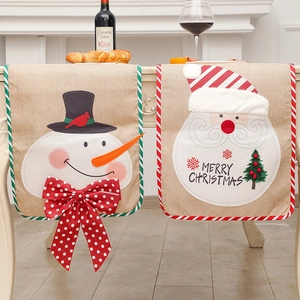 Christmas Table Runner Faux Burlap Linen Snowman Santa Claus 3D Bow Striped Border Festive Dining Home Decor