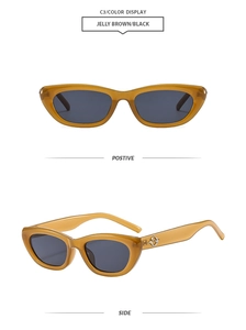 Front and side views of jelly brown cat eye sunglasses with metal logo accents