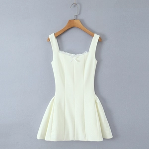 Damen Minikleid Spitze Schleife Ärmellos Camisole Hohe Taille A-Linie Herzausschnitt Französischer Stil Elegant Einfarbig