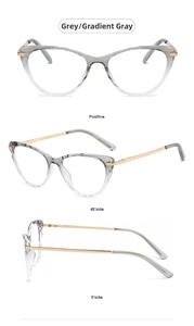 Detail view of cat eye glasses frame with gradient grey finish and golden metal temples