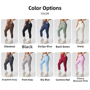 High-waisted yoga leggings featuring side pockets in ten diverse solid color options