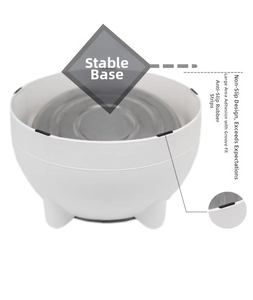 Detail view of the stable tripod base and black anti-slip rubber strip on white pet bowl