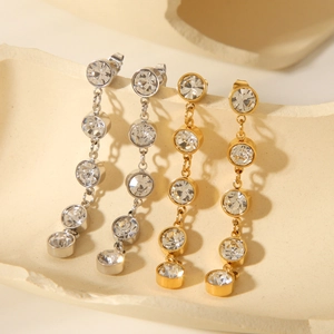Stainless Steel Long Dangle Earrings 18K Gold Plated Round Zircon Tassel Chic Fashionable Elegant Jewelry For Women