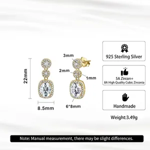 Detail view of 925 silver gold-plated earrings with cubic zirconia and size dimensions