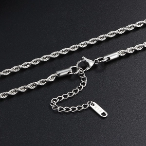 Silver stainless steel rope chain necklace with lobster clasp and adjustable extension link