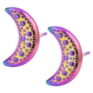 Macro shot of 304 stainless steel crescent moon earrings with iridescent gradient finish
