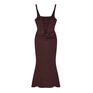 Elegant dark brown backless satin evening gown with lace-up back and mermaid fishtail hem