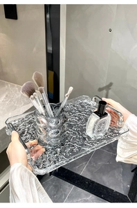 Transparent wavy rectangular serving tray with silver metal handles for home decor