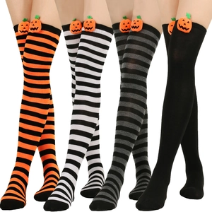 Halloween over-the-knee socks with pumpkin motifs in various colorful striped patterns