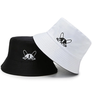Minimalist cotton bucket hat with cute French Bulldog embroidery in black and white