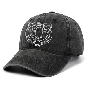 Distressed charcoal cotton baseball cap featuring detailed white tiger head embroidery