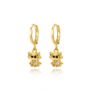 Detailed view of gold raccoon hoop earrings with sparkling cubic zirconia stones