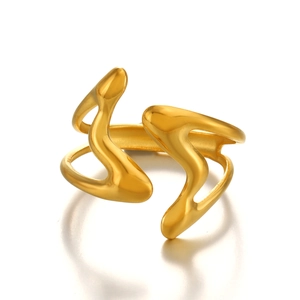 Bague ouverte minimaliste en acier inoxydable doré avec design abstrait ondulé