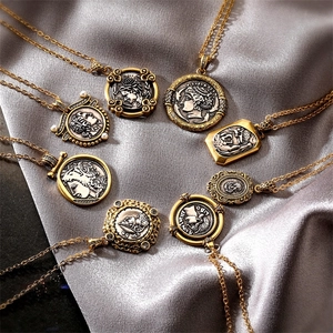 Collier Pendentif Relief Pièce Romaine Grecque Vintage Cuivre Strass Athéna Médaillon Bijoux Pour Femmes