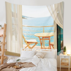 Detail view of wall tapestry showing realistic ocean view balcony and blue sea scenery