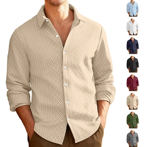 Men Casual Shirt Knitted Jacquard Long Sleeve Geometric Diamond Pattern Lapel Button Down Urban Style Breathable