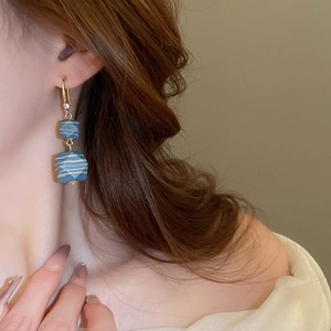 Vintage striped blue wood bead earrings with gold geometric hooks for women