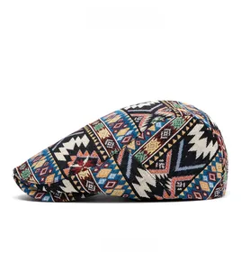 Side view of retro jacquard newsboy cap showing intricate ethnic weaving patterns