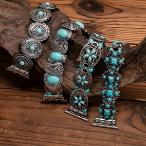 Bohemian Alloy Artificial Turquoise Smartwatch Band Retro Silver Ethnic Style Metal Replacement Strap For Men Women Jewelry