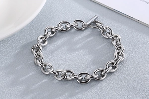 Detailed shot of silver stainless steel OT toggle clasp and chunky oval link chain bracelet