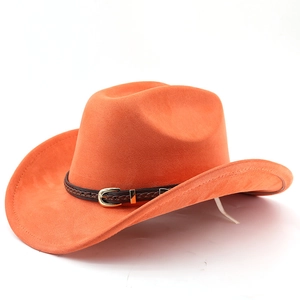 Detail of orange suede cowboy hat featuring a braided leather band and gold buckle