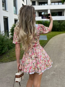 Pink floral puff sleeve mini dress with waist tie and lace hem for summer women